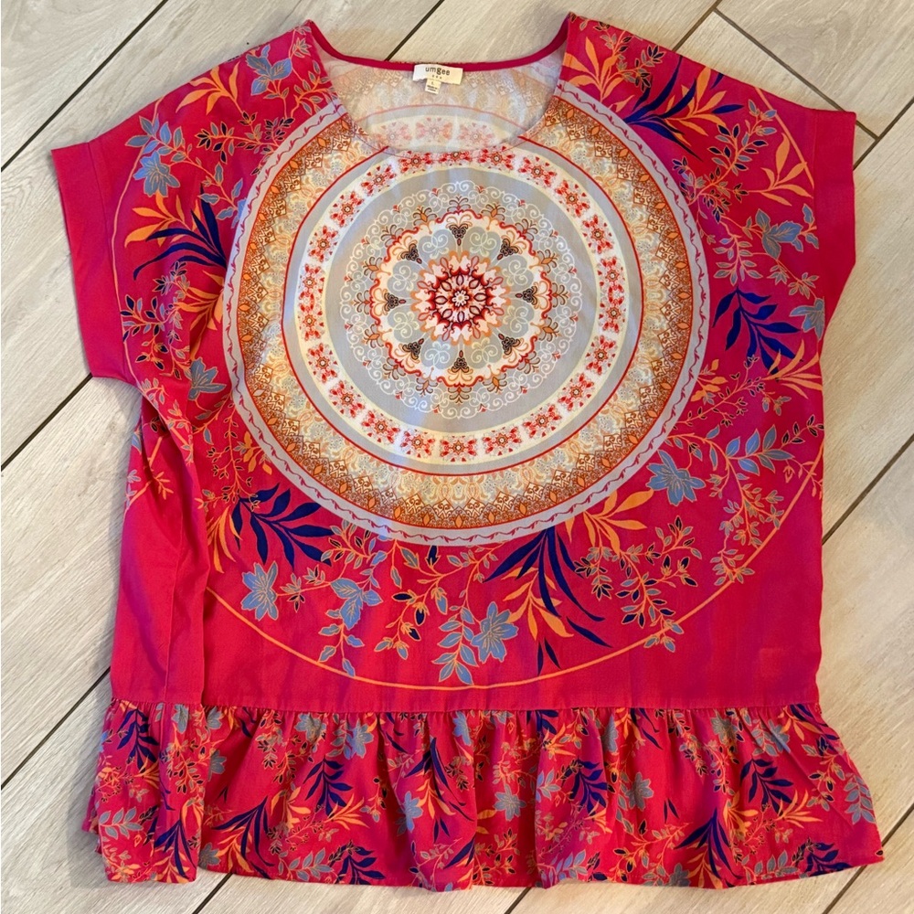 Umgee MEDALLION & FLORAL Oversized Tunic TOP, FUCHSIA Size Large - Picture 4 of 6